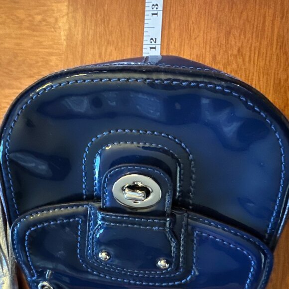 Coach Navy Patent Leather Mini Crossbody Bag With Striped Fabric Lining & Tassel - Picture 8 of 9